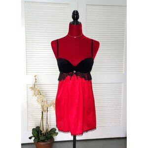 Ambrielle Babydoll sexy red satin black lace velvet cups slip  Sz Medium 1374